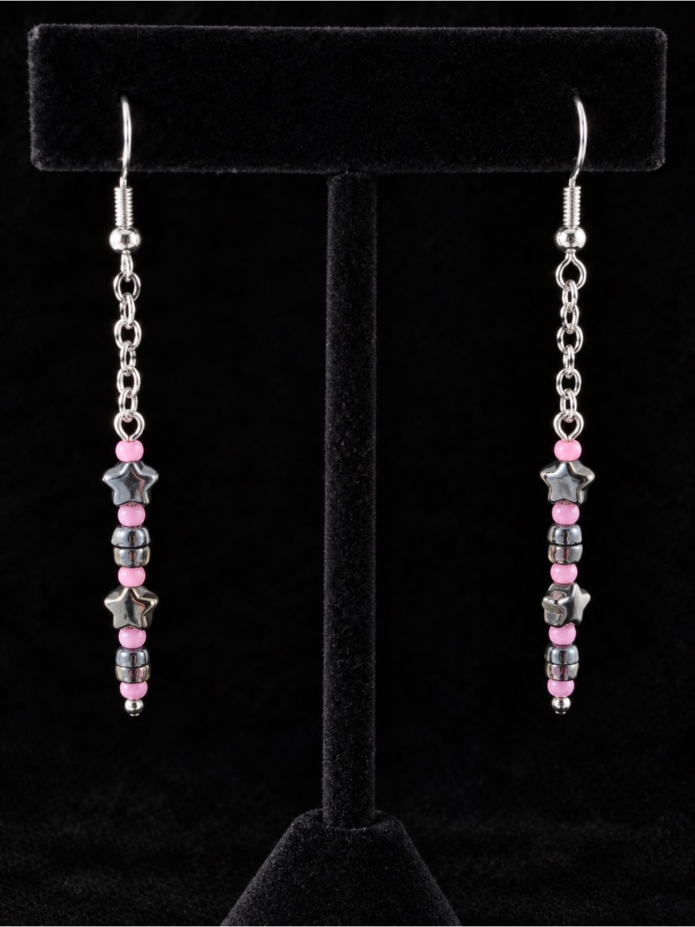 Delicate Pink Bead Chain and Silver Star Drop Earrings